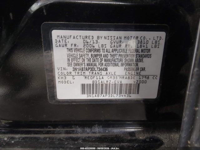 45328599 :رقم المزاد ، 3N1AB7AP3DL734436 vin ، 2013 Nissan Sentra Sr مزاد بيع