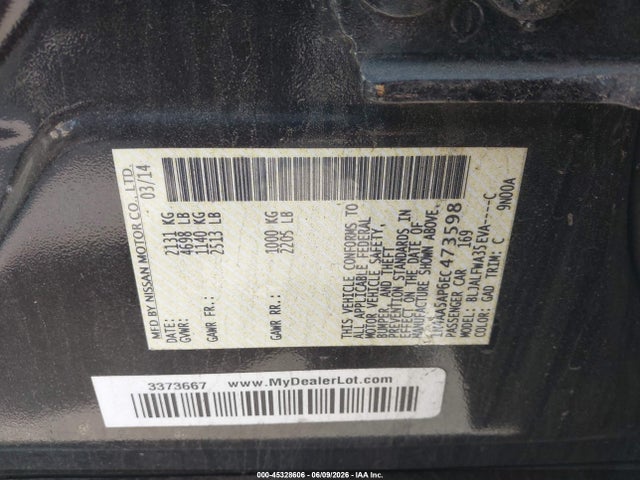 Aukcja sprzedaży 2014 Nissan Maxima 3.5 Sv, vin: 1N4AA5AP6EC473598, numer aukcji: 45328606