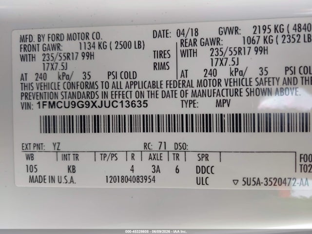 Продажа на аукционе авто 2018 Ford Escape Se, vin: 1FMCU9G9XJUC13635, номер лота: 45328608