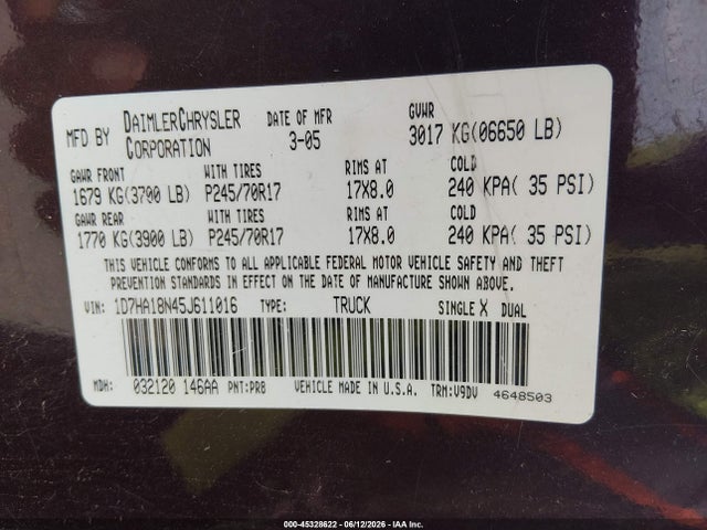 Aukcja sprzedaży 2005 Dodge Ram 1500 Slt/laramie, vin: 1D7HA18N45J611016, numer aukcji: 45328622