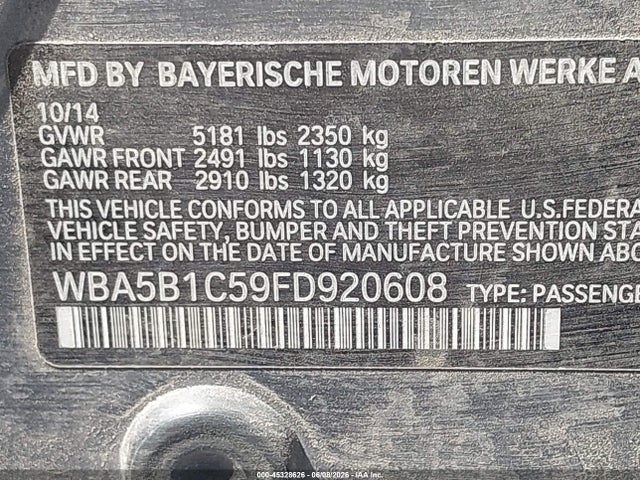45328626 :رقم المزاد ، WBA5B1C59FD920608 vin ، 2015 Bmw 535i مزاد بيع