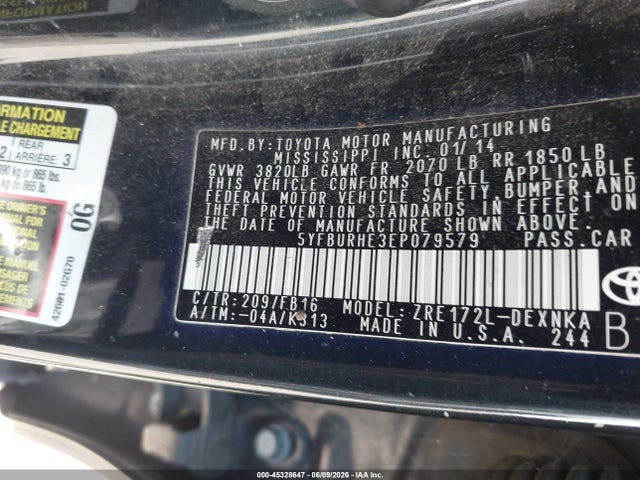 Aukcja sprzedaży 2014 Toyota Corolla Le, vin: 5YFBURHE3EP079579, numer aukcji: 45328647