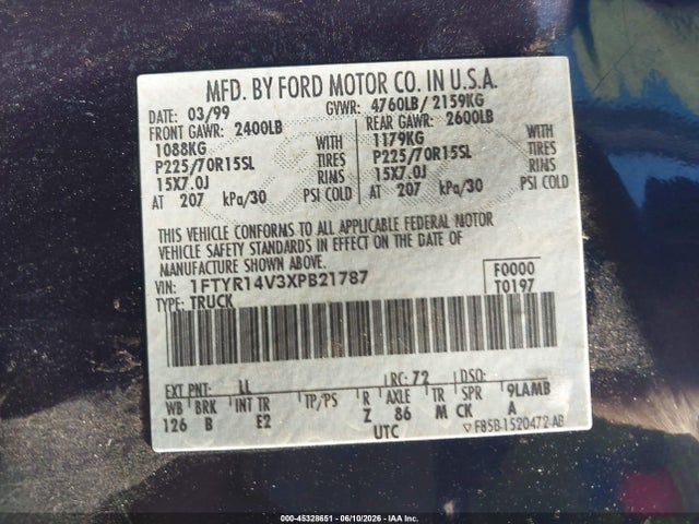 Продажа на аукционе авто 1999 Ford Ranger Xl/xlt, vin: 1FTYR14V3XPB21787, номер лота: 45328651