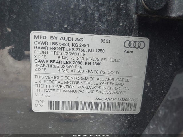 Aukcja sprzedaży 2021 Audi Q5 Premium 45 Tfsi Quattro S Tronic, vin: WA1AAAFY1M2062855, numer aukcji: 45328661