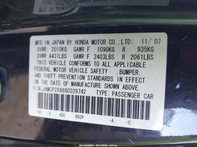 Aukcja sprzedaży 2008 Honda Accord 2.4 Ex-l, vin: JHMCP26888C029742, numer aukcji: 45328664