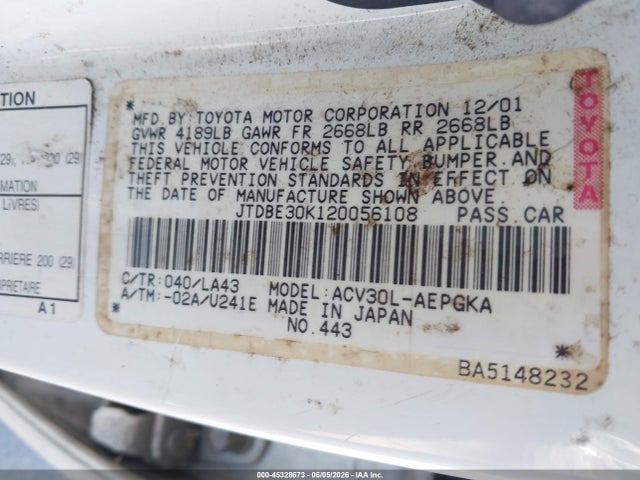 Aukcja sprzedaży 2002 Toyota Camry Xle, vin: JTDBE30K120056108, numer aukcji: 45328673