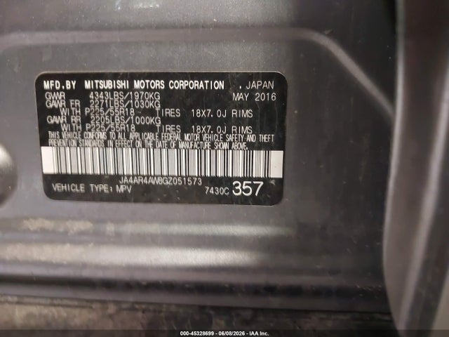45328699 :رقم المزاد ، JA4AR4AW8GZ051573 vin ، 2016 Mitsubishi Outlander Sport 2.4 Sel مزاد بيع