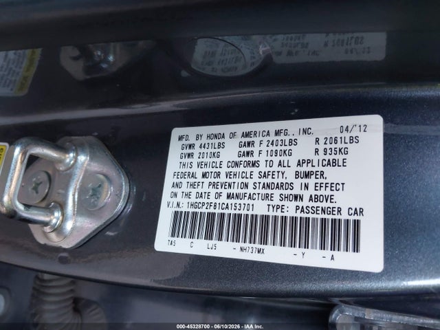 Aukcja sprzedaży 2012 Honda Accord 2.4 Ex-l, vin: 1HGCP2F81CA153701, numer aukcji: 45328700