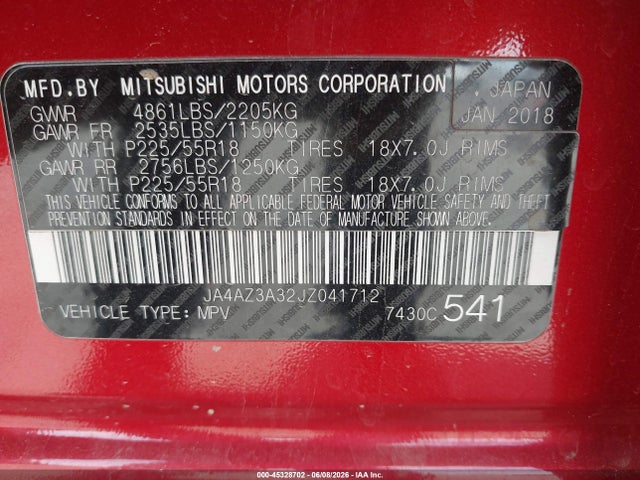 Продаж на аукціоні авто 2018 Mitsubishi Outlander Se, vin: JA4AZ3A32JZ041712, номер лоту: 45328702