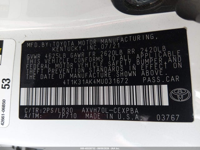 4T1K31AK4MU031672 Toyota Camry Xse Hybrid