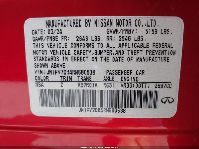 Aukcja sprzedaży 2024 Infiniti Q50 Red Sport 400 Awd, vin: JN1FV7DR4RM680538, numer aukcji: 45328737