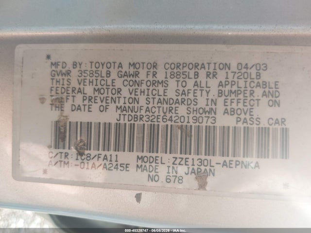 Aukcja sprzedaży 2004 Toyota Corolla Le, vin: JTDBR32E642019073, numer aukcji: 45328747