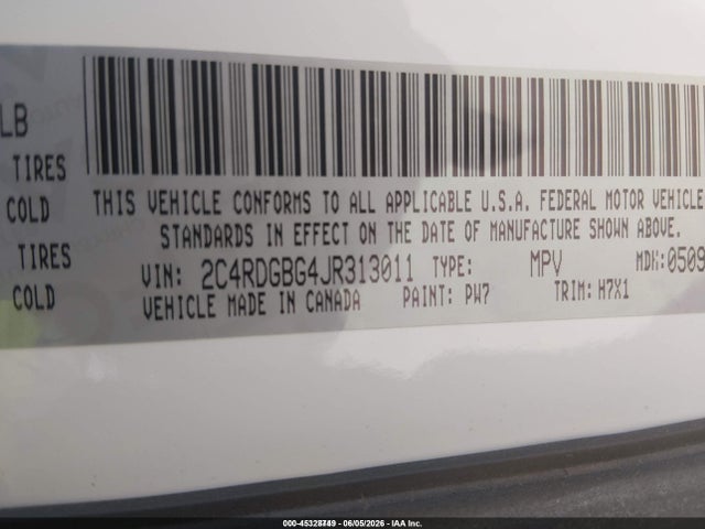 2018 Dodge Grand Caravan Se მანქანა იყიდება აუქციონზე, vin: 2C4RDGBG4JR313011, აუქციონის ნომერი: 45328749