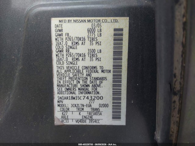 Продаж на аукціоні авто 2005 Nissan Pathfinder Se, vin: 5N1AR18W35C743200, номер лоту: 45328755