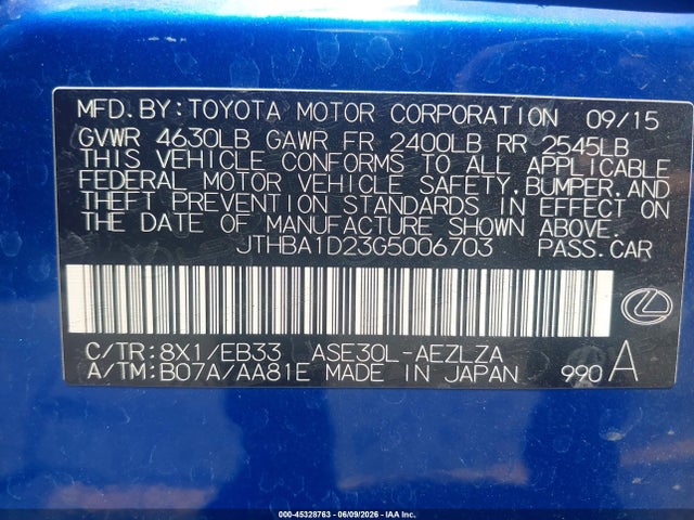 2016 Lexus Is 200t მანქანა იყიდება აუქციონზე, vin: JTHBA1D23G5006703, აუქციონის ნომერი: 45328763