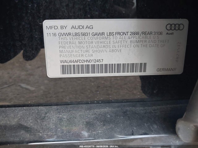 Aukcja sprzedaży 2017 Audi A8 L L 3.0t (tiptronic) (no Longer Available For Ordering), vin: WAU44AFD2HN012457, numer aukcji: 45328770