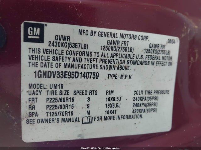 Aukcja sprzedaży 2005 Chevrolet Venture Lt, vin: 1GNDV33E95D140759, numer aukcji: 45328776