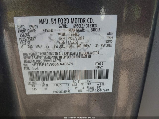 Продажа на аукционе авто 2006 Ford F-150 Stx/xl/xlt, vin: 1FTRF14W66NA40671, номер лота: 45328787