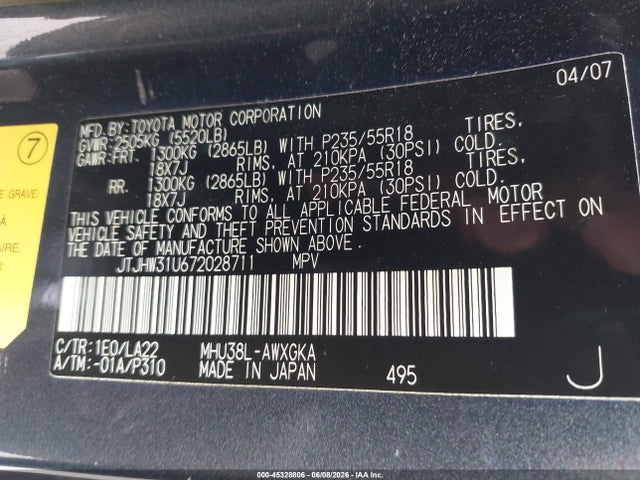 45328806 :رقم المزاد ، JTJHW31U672028711 vin ، 2007 Lexus Rx 400h مزاد بيع