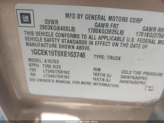 Продаж на аукціоні авто 1999 Chevrolet Silverado 1500 Ls, vin: 1GCEK19T9XE163746, номер лоту: 45328807
