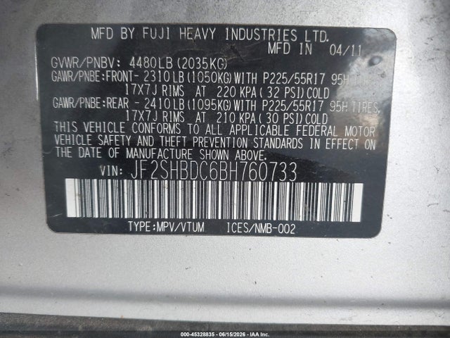 2011 Subaru Forester 2.5x Premium მანქანა იყიდება აუქციონზე, vin: JF2SHBDC6BH760733, აუქციონის ნომერი: 45328835