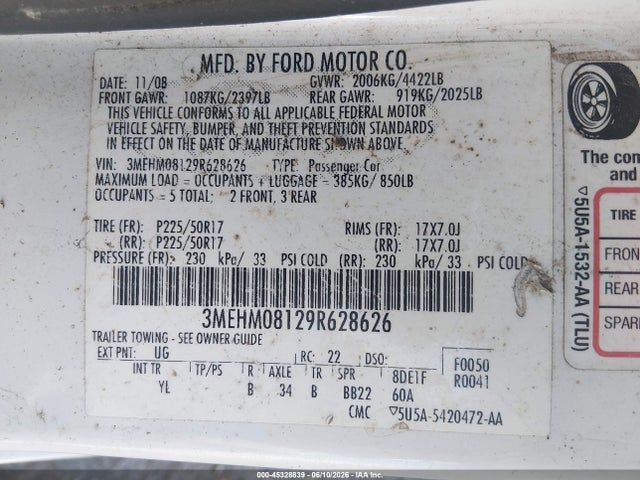 Продаж на аукціоні авто 2009 Mercury Milan V6 Premier, vin: 3MEHM08129R628626, номер лоту: 45328839
