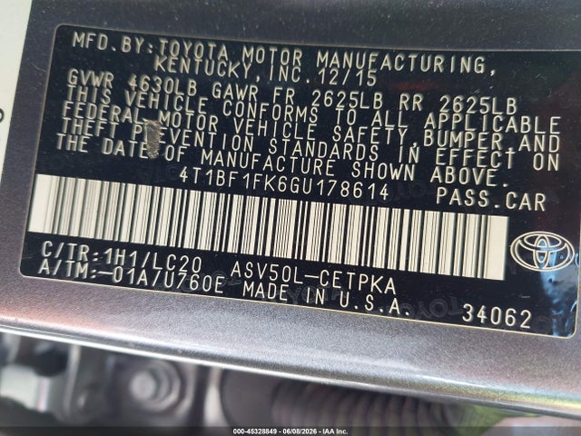 45328849 :رقم المزاد ، 4T1BF1FK6GU178614 vin ، 2016 Toyota Camry Xse مزاد بيع