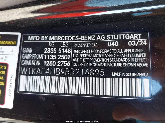 Продаж на аукціоні авто 2024 Mercedes-benz C 300, vin: W1KAF4HB9RR216895, номер лоту: 45328855