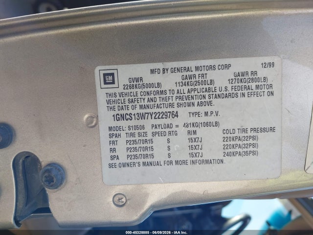 Продажа на аукционе авто 2000 Chevrolet Blazer Lt, vin: 1GNCS13W7Y2229764, номер лота: 45328885