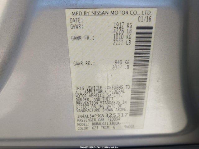 Aukcja sprzedaży 2016 Nissan Altima 2.5/2.5 S/2.5 Sl/2.5 Sr/2.5 Sv, vin: 1N4AL3AP3GN325317, numer aukcji: 45328887