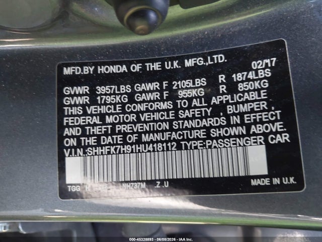 SHHFK7H91HU418112 Honda Civic Sport Touring