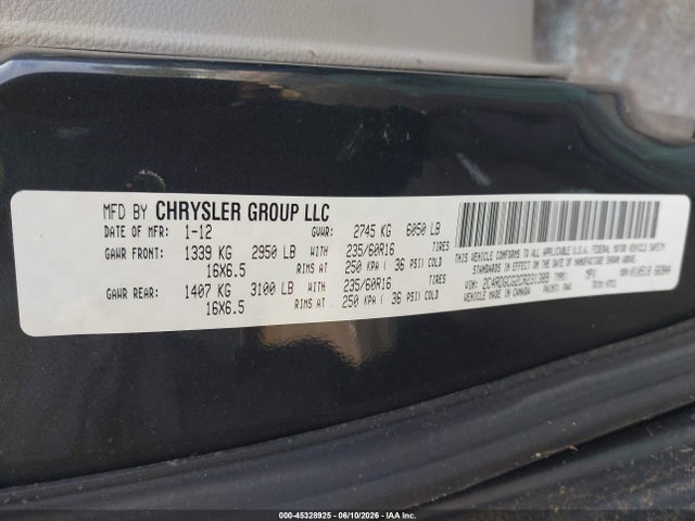 Aukcja sprzedaży 2012 Dodge Grand Caravan Sxt, vin: 2C4RDGCG2CR231389, numer aukcji: 45328925