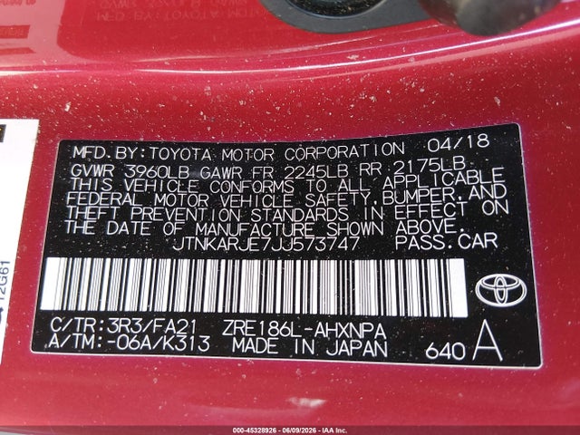 2018 Toyota Corolla Im მანქანა იყიდება აუქციონზე, vin: JTNKARJE7JJ573747, აუქციონის ნომერი: 45328926
