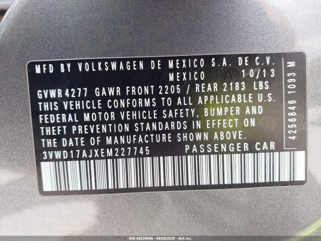 2014 Volkswagen Jetta 1.8t Se მანქანა იყიდება აუქციონზე, vin: 3VWD17AJXEM227745, აუქციონის ნომერი: 45328946