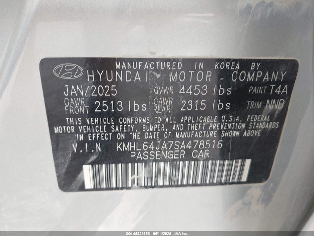 Aukcja sprzedaży 2025 Hyundai Sonata Sel, vin: KMHL64JA7SA478516, numer aukcji: 45328955