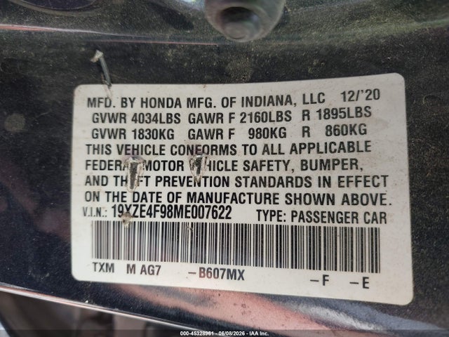 Продаж на аукціоні авто 2021 Honda Insight Touring, vin: 19XZE4F98ME007622, номер лоту: 45328961