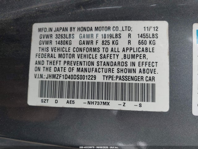 Aukcja sprzedaży 2013 Honda Cr-z, vin: JHMZF1D40DS001229, numer aukcji: 45328979