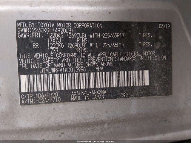 JTMLWRFV1KD013998 Toyota Rav4 Hybrid Le