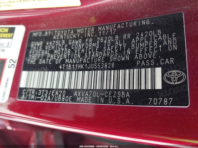 Aukcja sprzedaży 2018 Toyota Camry Se, vin: 4T1B11HK1JU553828, numer aukcji: 45328996
