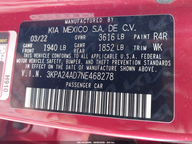 Продажа на аукционе авто 2022 Kia Rio S, vin: 3KPA24AD7NE468278, номер лота: 45328998