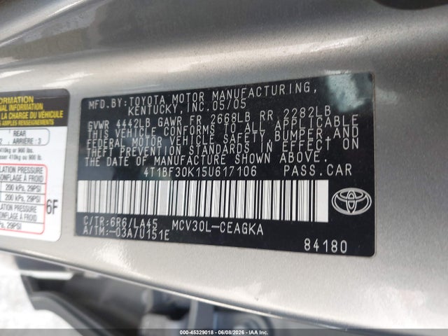 2005 Toyota Camry Xle V6 მანქანა იყიდება აუქციონზე, vin: 4T1BF30K15U617106, აუქციონის ნომერი: 45329018