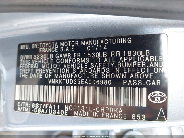 Продаж на аукціоні авто 2014 Toyota Yaris L (tmmf Plant), vin: VNKKTUD35EA006980, номер лоту: 45329032