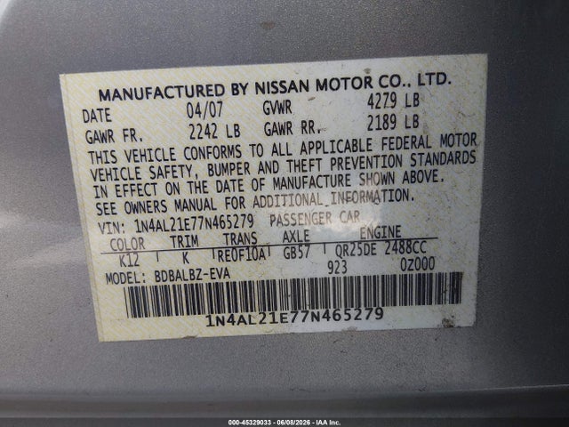 45329033 :رقم المزاد ، 1N4AL21E77N465279 vin ، 2007 Nissan Altima 2.5 S مزاد بيع