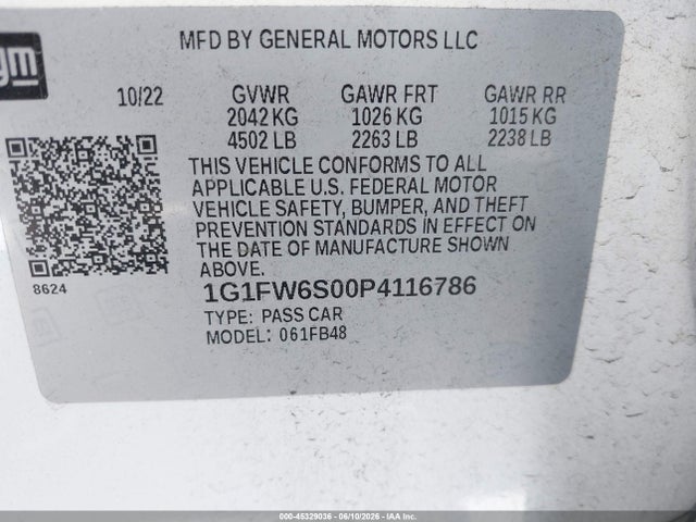 1G1FW6S00P4116786 Chevrolet Bolt Ev Fwd 1lt