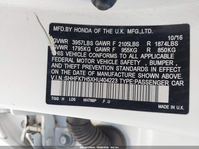 Honda CIVIC EX 2017 SHHFK7H5XHU404223 Image 9