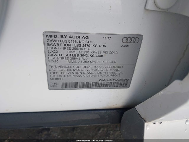 2018 Audi Q5 2.0t Premium/2.0t Tech Premium მანქანა იყიდება აუქციონზე, vin: WA1CNAFY0J2088212, აუქციონის ნომერი: 45329046