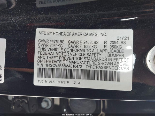1HGCV2F35MA010472 Honda Accord Sport 2.0t