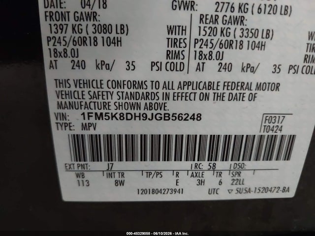 Продаж на аукціоні авто 2018 Ford Explorer Xlt, vin: 1FM5K8DH9JGB56248, номер лоту: 45329058