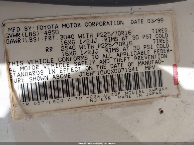 45329059 :رقم المزاد ، JT6HF10U0X0071341 vin ، 1999 Lexus Rx 300 مزاد بيع