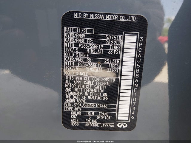 Aukcja sprzedaży 2022 Infiniti Qx50 Luxe Awd, vin: 3PCAJ5BB6NF107446, numer aukcji: 45329066